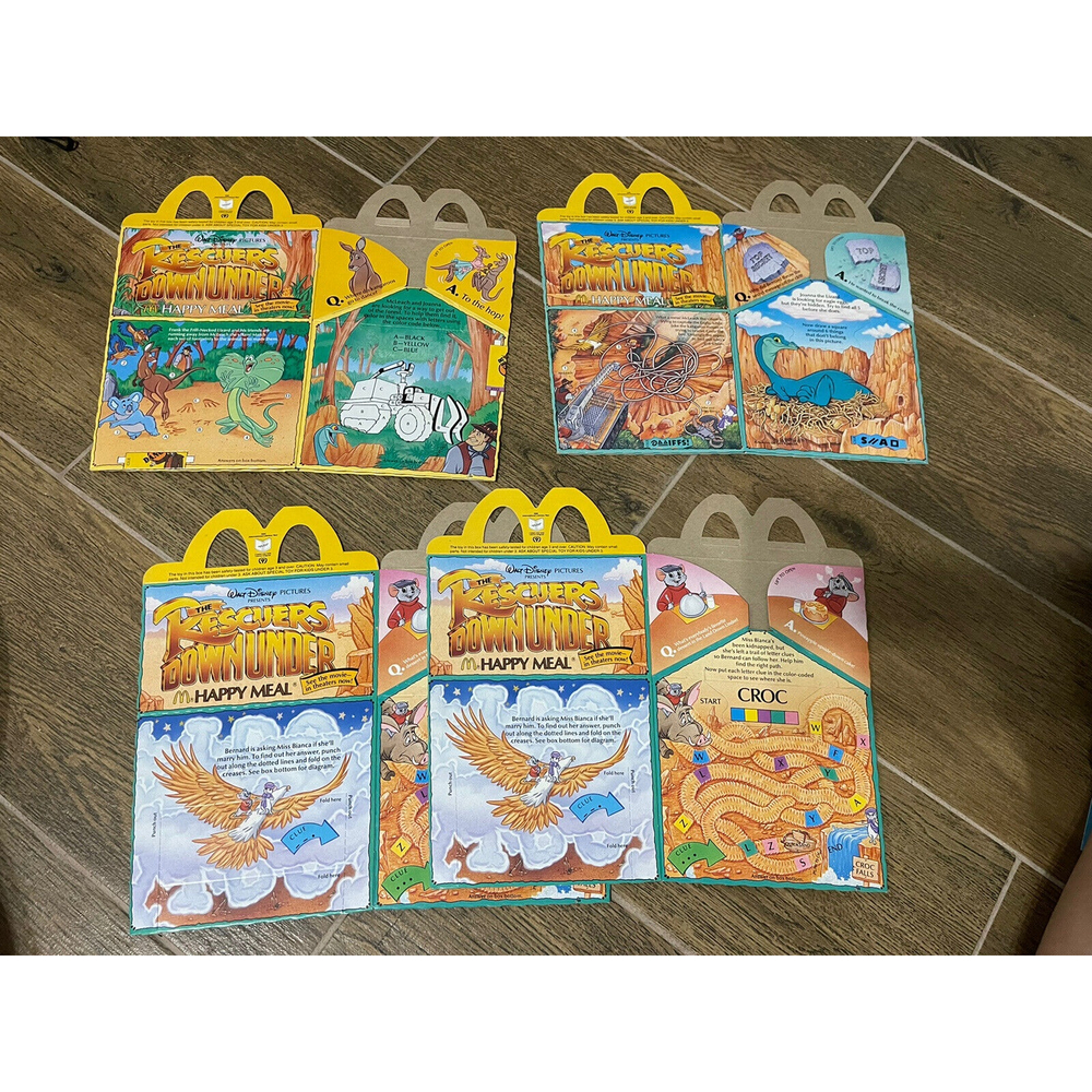Lot Of 4 1990 Vintage McDonald's Rescuers Down Under Happy Meal Box Party Favors